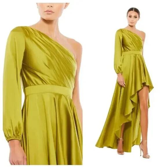 Mac Duggal 49141 Womens SZ 0 One Shoulder High Low Gown Dress Chartreuse NWT‎ - Picture 1 of 10